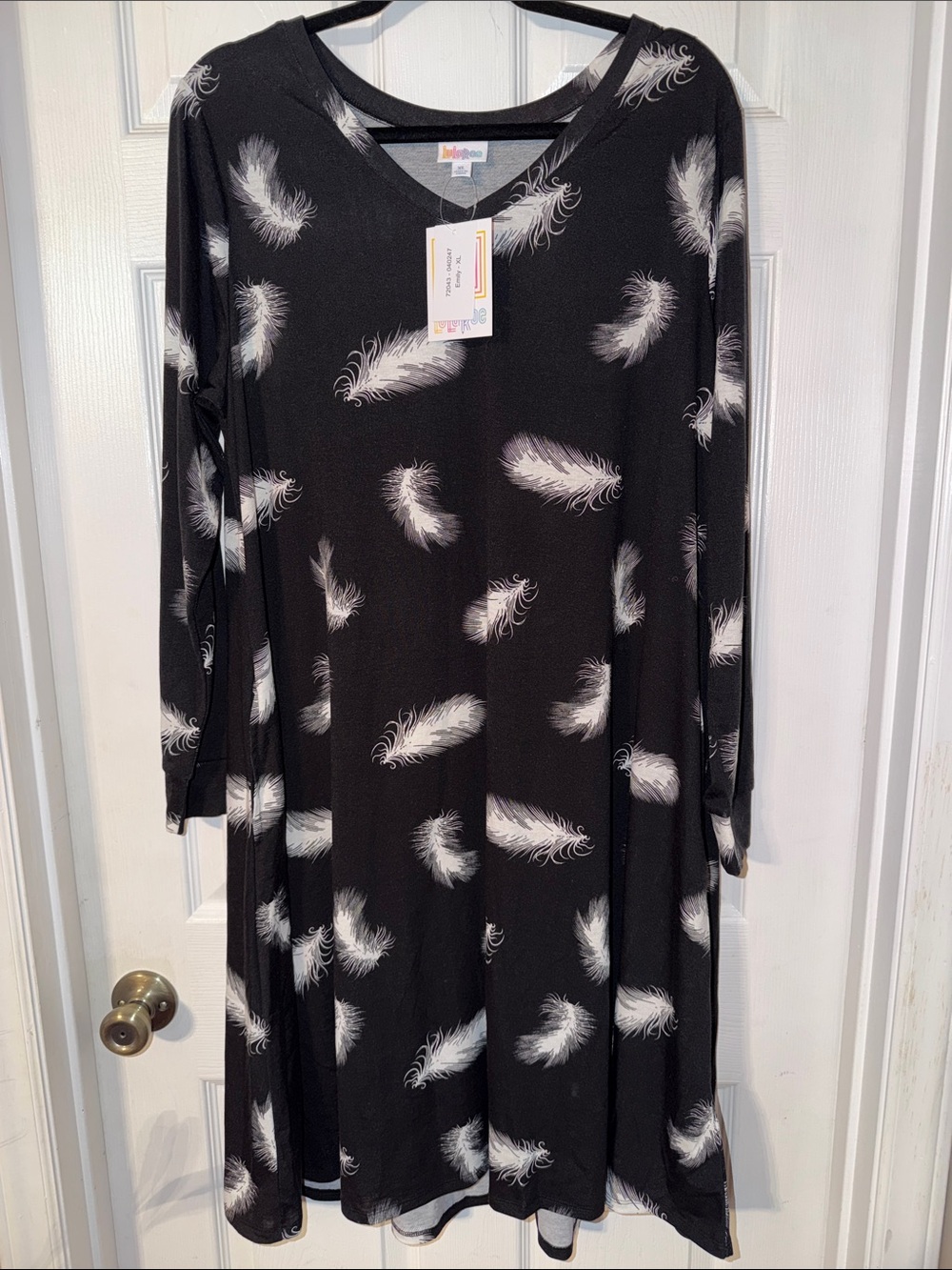 LuLaRoe Emily dress, Black background, white feather pattern, Large, NEW
